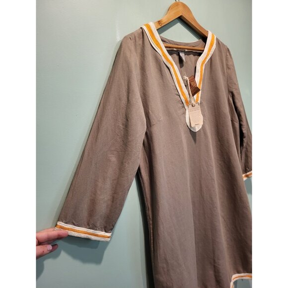 New Lucky Brand Tan Linen Blend Embroidered Long Sleeve Shift Dress Pockets Lg - Picture 3 of 4